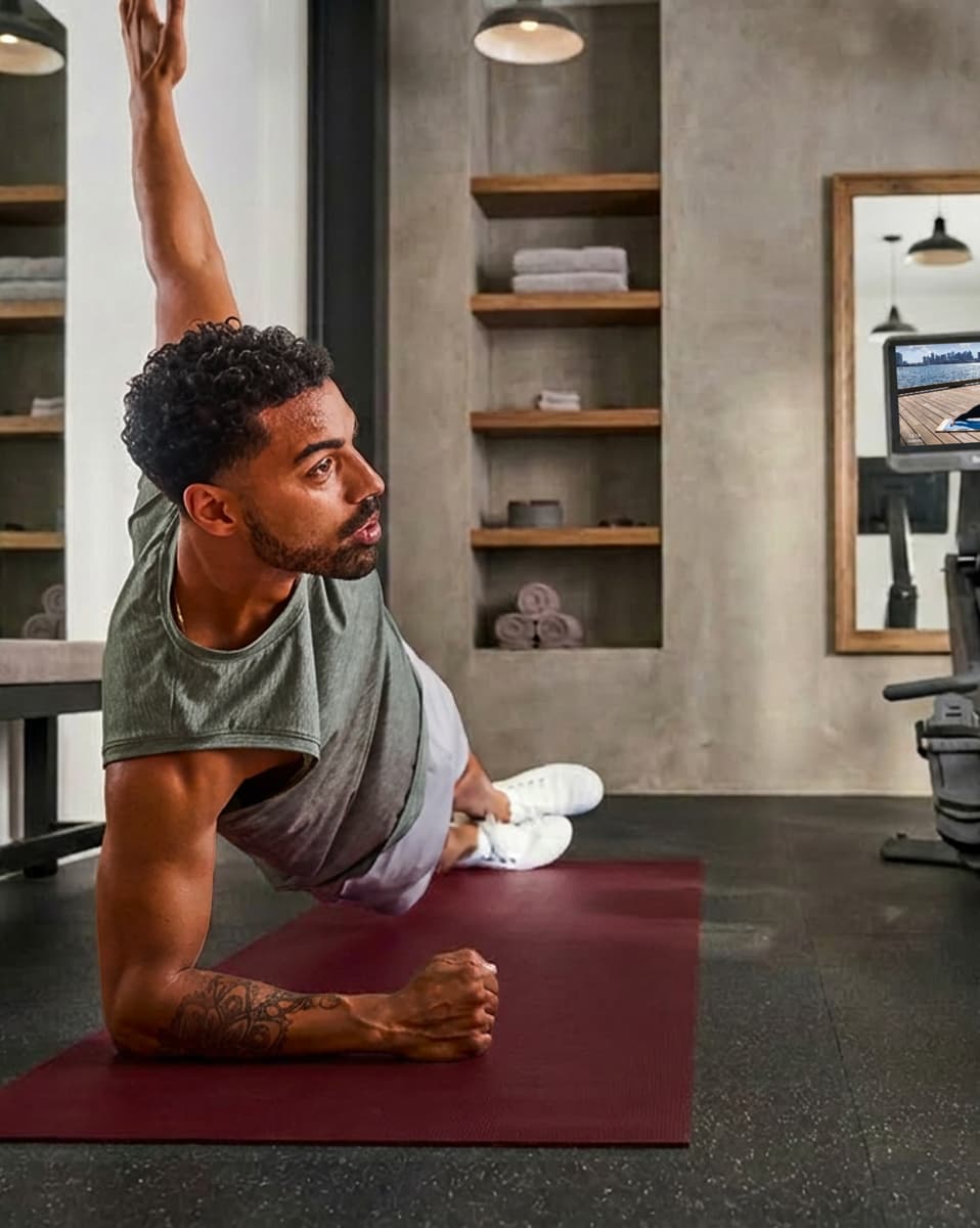 A person doing a side plank with a reach on a mat during a cross-training workout at home